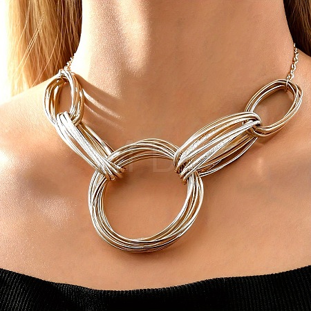 201 Stainless Steel Multi Ring Link Bib Necklaces for Women WG6B734-02-1