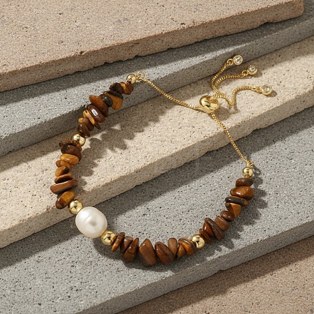 Natural Freshwater Pearl and Natural Tiger Eye Chip Beaded Adjustable Brass Box Chain Slider Bracelets for Women PS0343-4-1