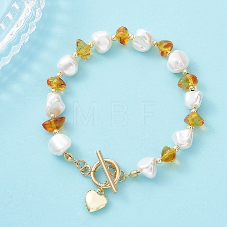 Natural Amber & Shell Pearl Beaded Bracelets for Women BJEW-JB13655-1