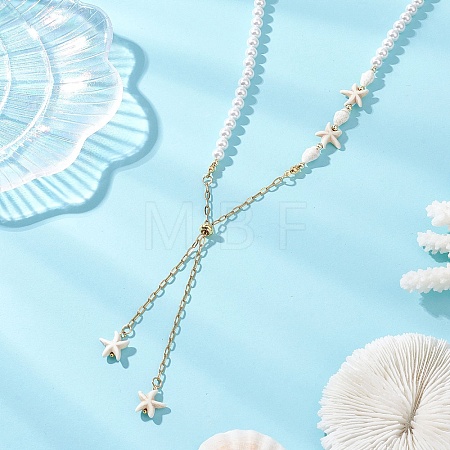 Ocean White Round Shell Pearl Beaded Slider Necklaces NJEW-JN06076-1