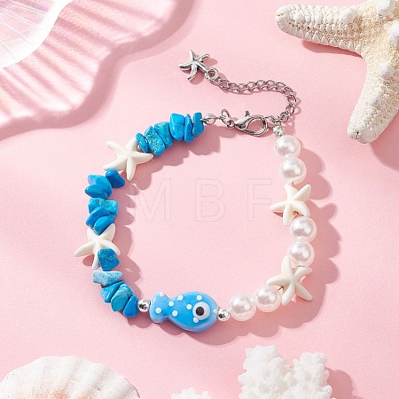 Handmade Porcelain & Synthetic Turquoise & ABS Plastic Imitation Pearl Beaded Bracelets for Women BJEW-JB13061-1
