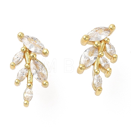 Rack Plating Brass Leaf Stud Earrings with Cubic Zirconia EJEW-D061-12G-1