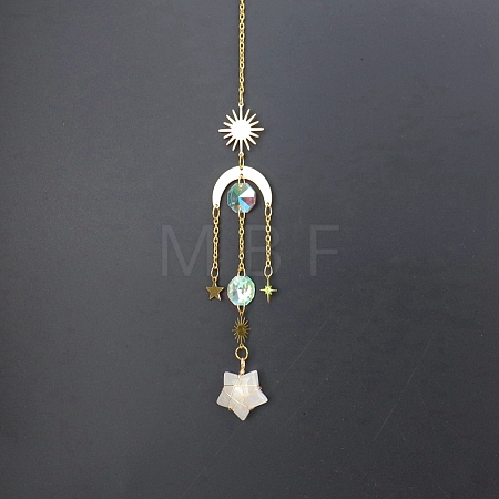 Natural Quartz Crystal Star Sun Catcher Hanging Ornaments with Brass Sun HJEW-PW0002-13A-1