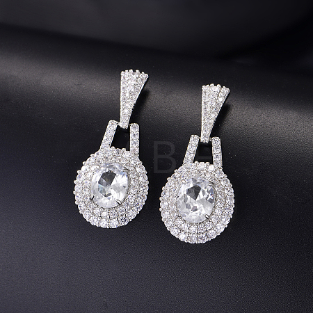 Brass Micro Pave Cubic Zirconia Oval Stud Dangle Earrings for Women BT3883-3-1