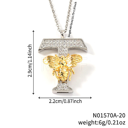 Brass Micro Pave Clear Cubic Zirconia Bee Initial Pendant Necklaces FS-WGF5E80-20-1