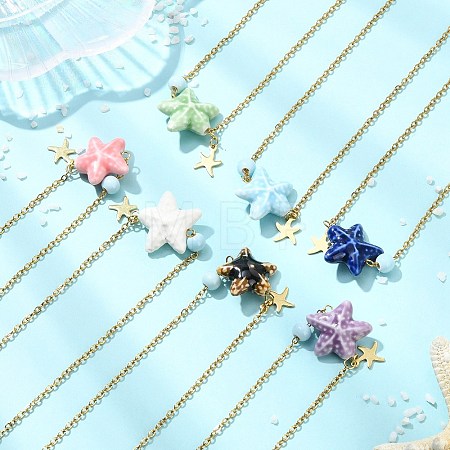 Ocean Handmade Porcelain Starfish Pendant 304 Stainless Steel Cable Chain Necklaces for Women NJEW-JN06138-1