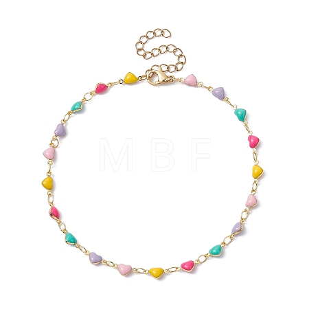 Brass Enamel Heart Link Chain Anklet AJEW-AN00552-1