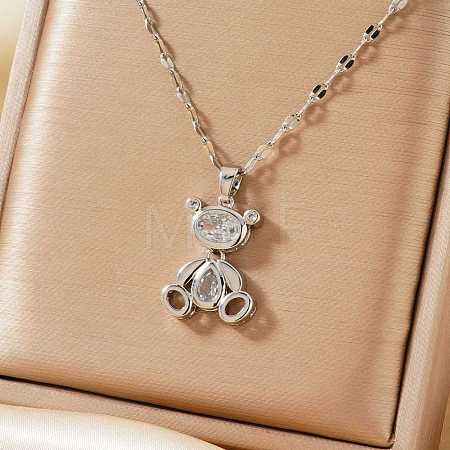 Brass Pave Clear Cubic Zirconia Cute 3D Bear Pendant Necklaces for Women CY9372-1-1