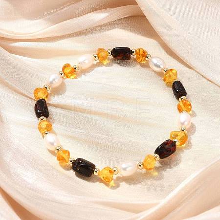 Natural Amber & Cultured Freshwater Pearl Beaded Stretch Bracelets for Women BJEW-JB13699-01-1