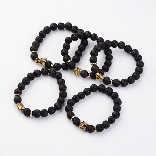 Natural Lava Rock Stone Stretch Bracelets with Tibetan Style Mix Shapes Alloy Beads BJEW-K075-AG-1