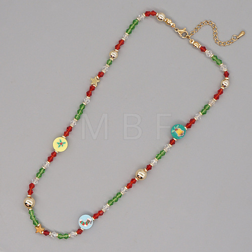 Christmas Theme Glass & Imitaiton Pearl & Brass Bicone Flat Round Beaded Necklaces GF3195-14-1