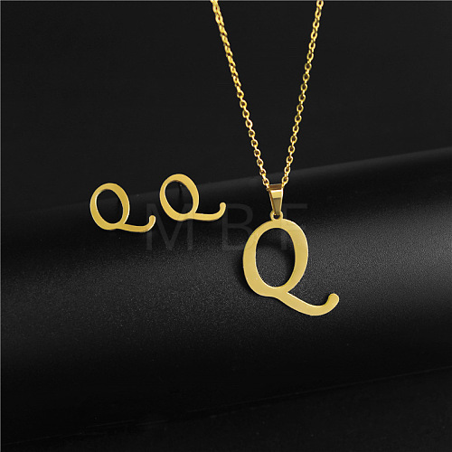 304 Stainless Steel Letter Pendant Necklaces & Stud Earrings Sets WG4BFDA-17-1