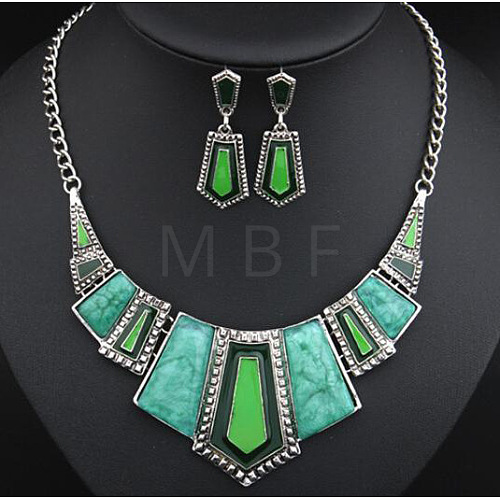 Pentagon Bohemia Zinc Alloy with Synthetic Turquoise Pendant Necklaces & Stud Dangle Earrings Sets FS-WGE76F1-01-1