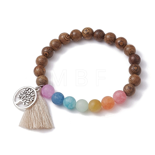 Natural Dyed White Jade & Wood Round Beaded Stretch Bracelet BJEW-JB10056-1
