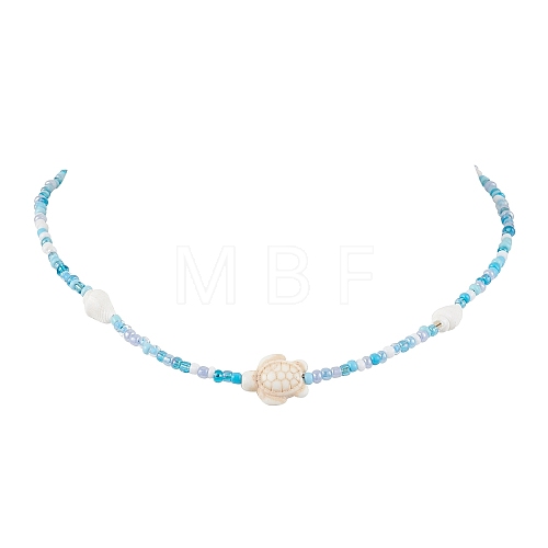 Summer Beach Sea Turtle Dyed Synthetic Turquoise & Glass Seed Beads Beaded Necklaces for Women NJEW-JN05081-02-1