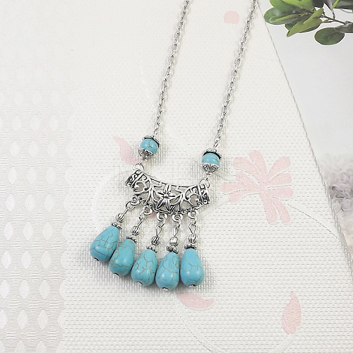 Yunnan Ethnic Style Miao Silver Pave Turquoise Pendant Necklaces Tibetan Nepalese Jewelry LV1527-7-1