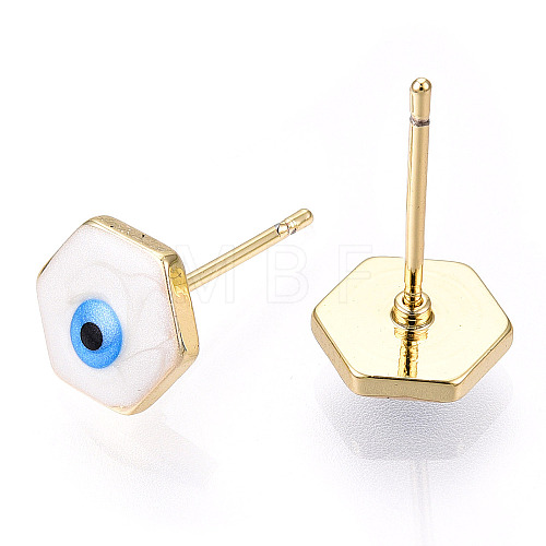 Enamel Hexagon with Evil Eye Stud Earrings EJEW-E274-03G-03-1