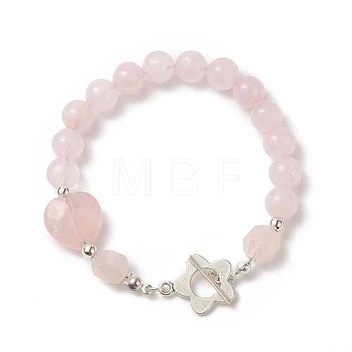 Natural Rose Quartz Heart Beaded Bracelet with Alloy Flower Clasps for Women BJEW-TA00248-1