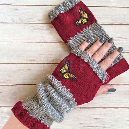 Acrylic Fibers Butterfly Pattern Knitting Fingerless Gloves PW-WGC22F5-04-1