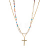 304 Stainless Steel Cross Pendant Paux Pearl & Glass & Natural Mixed Stone Beaded Double Layer Necklaces for Women RM5480-5