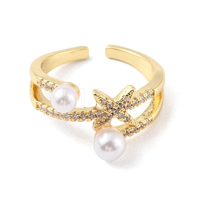 Clear Cubic Zirconia Star Open Cuff Ring with Plastic Pearl Beaded RJEW-C058-01G-1