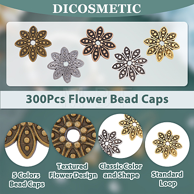 300Pcs 5 Colors 8-Petal Tibetan Style Alloy Flower Bead Caps FIND-DC0003-91-1