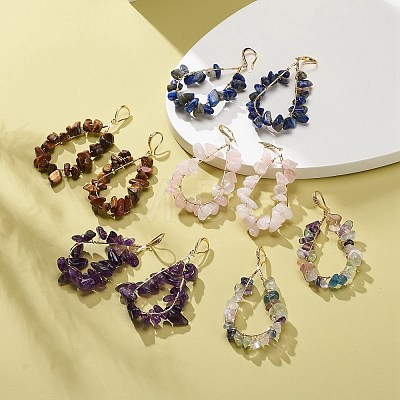 5 Pairs 5 Style Natural Mixed Gemstone Chips Teardrop Dangle Earrings EJEW-JE05074-1