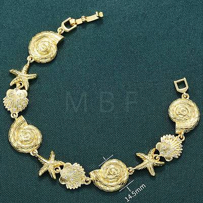 Summer Beach Brass Micro Pave Clear Cubic Zirconia Starfish & Shell Shape Link Chain Bracelets BJEW-C118-02A-G-1