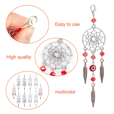  20Pcs 5 Style Woven Net/Web with Feather Tibetan Style Alloy Pendant Decorations HJEW-NB0001-80-1