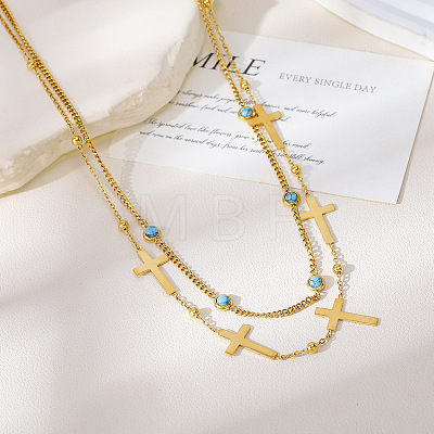 304 Stainless Steel Cross Link Chain Double Layer Necklaces for Women WGC9DBF-01-1