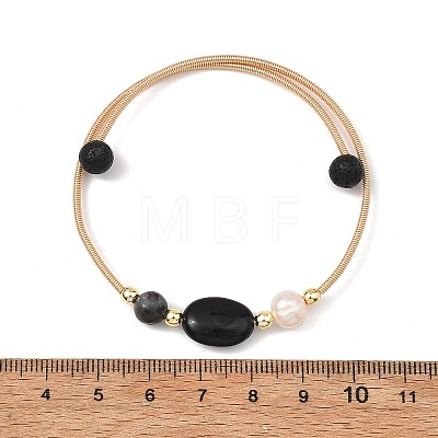 Round & Oval Natural Black Tourmaline & Larvikite & Lava Rock & Cultured Freshwater Pearl & Non-magnetic Synthetic Hematite Beaded Bangles BJEW-JB14079-1