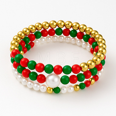 3Pcs Saint Patrick's Day Brass & Resin & Imitation Pearl Round Beads Stretch Bracelets for Women Men DU8017-1