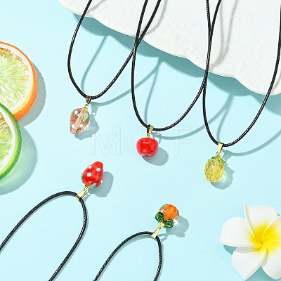 Handmade Lampwork Fruit Pendant Black Waxed Cord Necklaces NJEW-JN06332-1