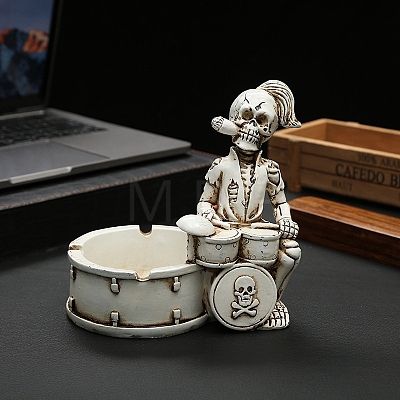 Halloween Resin Punk Skeleton Rock Drummer Ashtray Figurines PW-WG43279-01-1