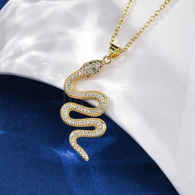 Brass Micro Pave Clear Cubic Zirconia Snake Pendant Necklaces NJEW-S438-02K-G-1