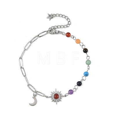 7 Chakra Gemstone Beaded Chain & 304 Stainless Steel Paperclip Chain Bracelets BJEW-JB14411-1