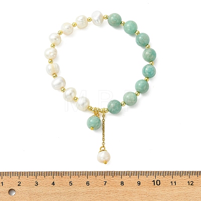 Round Natural Amazonite & Cultured Freshwater Pearl Beaded Charm Bracelets BJEW-JB14061-01-1
