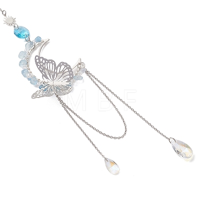 Natural Aquamarine Chips & Brass Moon & 304 Stainless Steel Butterfly Suncatcher HJEW-TA00449-02-1