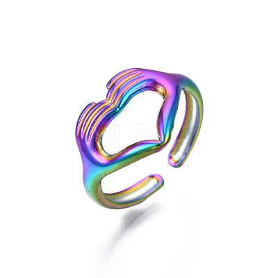 Ion Plating(IP) Rainbow Color 304 Stainless Steel Heart Gesture Open Cuff Ring for Women RJEW-S405-260M-1