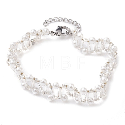 Imitated Pearl Acrylic & Glass Beaded Bracelets with 304 Stainless Steel Lobster Claw Clasps for Women BJEW-JB10199-02-1