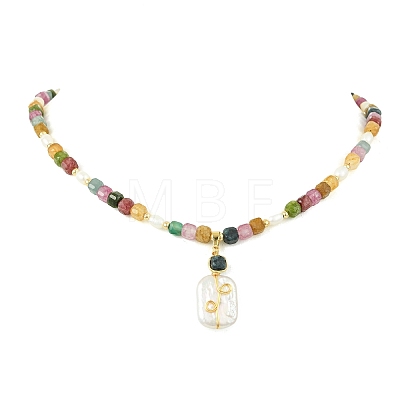 Natural Baroque Keshi Pearl Rectangle Pendant Natural Multicolor Tourmaline Faceted Cube Beaded Necklaces NJEW-JN06247-1