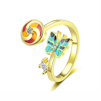 Butterfly & Windmill Enamel Rotatable Cuff Rings for Women RJEW-R005-10G-1