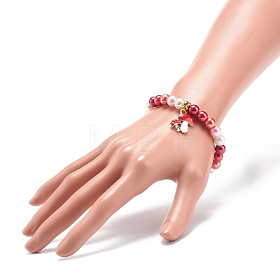 Red Glass Pearl Beaded Stretch Bracelet with Alloy Enamel Mushroom Charm for Women BJEW-JB08711-1