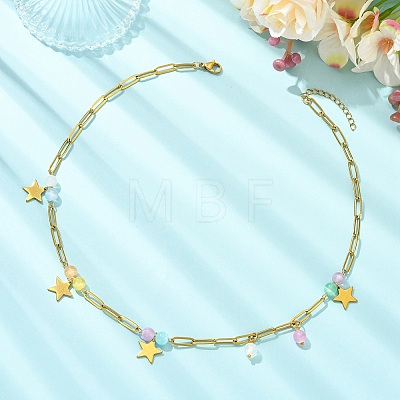 304 Stainless Steel Paperclip Chain Star Pendant Necklaces with Dyed Natural Selenite Beads for Women NJEW-JN06251-03-1