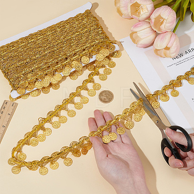 Polyester Braided Metallic Lace Trim with Metal Flat Round Tassel OCOR-WH0082-537A-1
