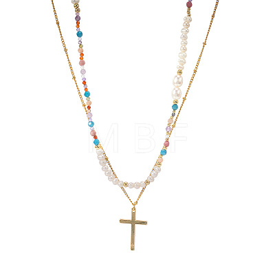 304 Stainless Steel Cross Pendant Paux Pearl & Glass & Natural Mixed Stone Beaded Double Layer Necklaces for Women RM5480-1