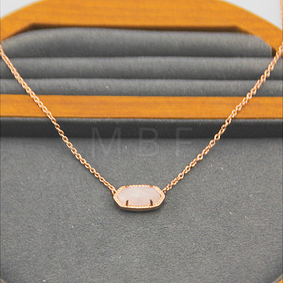 Brass Pave Natural Rose Quartz Faceted Oval Pendant Necklaces for Women WG283E9-02-1