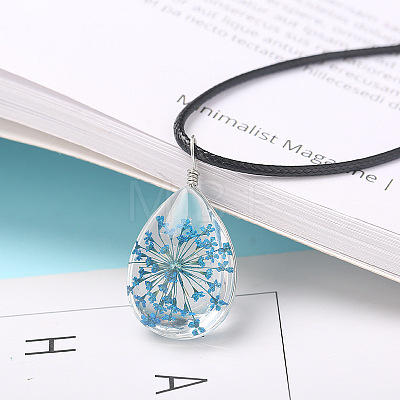 Transparent Glass Inner Dried Flower Teardrop Pendant Black Waxed Cord Necklaces WG346B2-02-1