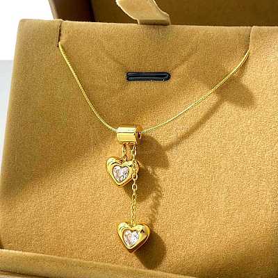 Brass Rhinestone Heart Pendant 304 Stainless Steel Round Snake Chain Necklaces for Women WGE9B5A-01-1