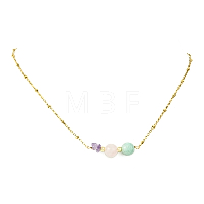 Round Natural Amazonite & Madagascar Rose Quartz & Chip Natural Amethyst Beaded Pendant 304 Stainless Steel Satellite Chain Necklaces for Women NJEW-JN06158-02-1